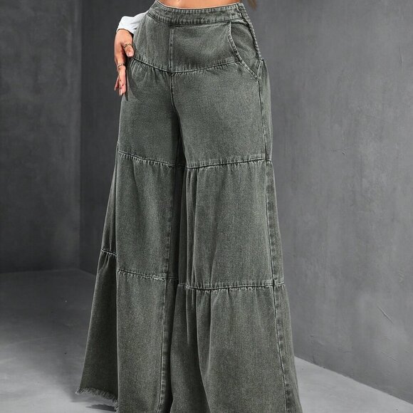 Army Green Women's Loose Boyfriend Style Distressed Hem Patchwork Denim Jeans - Picture 5 of 9